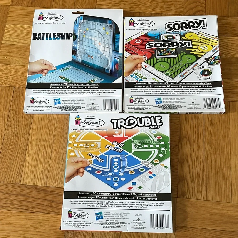 Lot of 3 mini classic board games Hasbro Colorforms Trouble Sorry Battleship NEW
